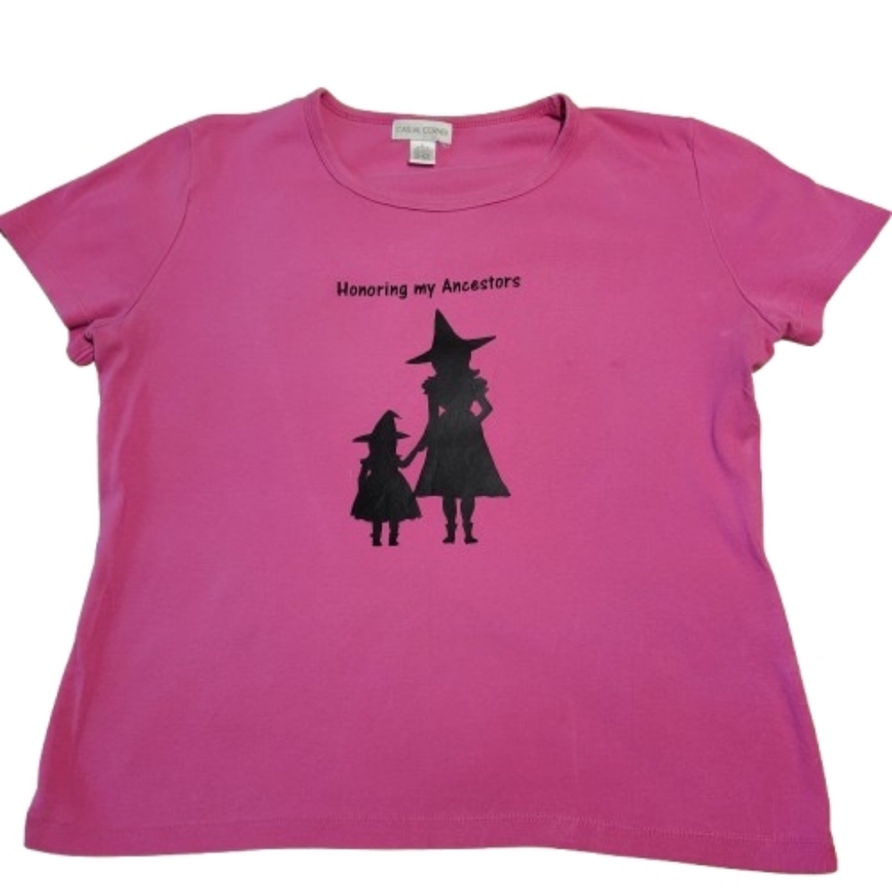 Casual Corner Womens Pink Witchy Short Sleeved 100% Cotton T-Shirt Size Large